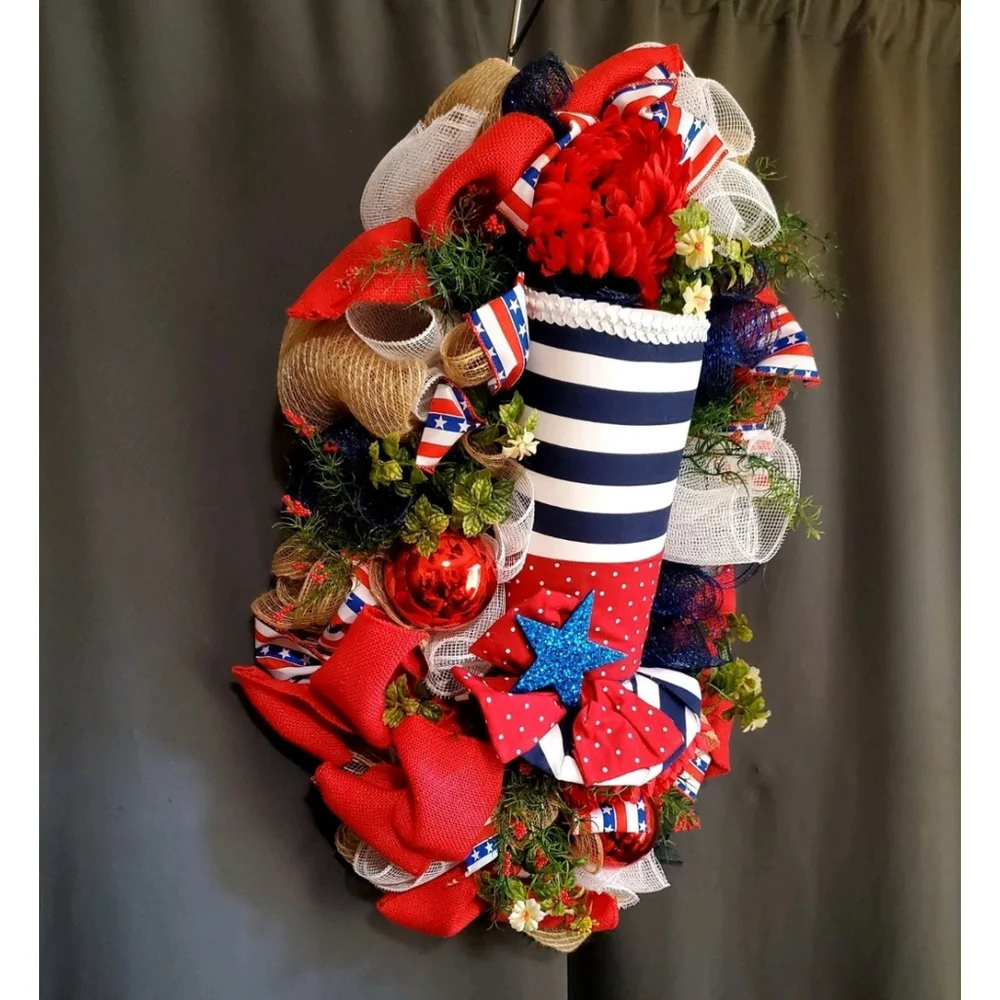 Patriotic 4th of July Memorial Day Hat Hanging Door Wreath 29